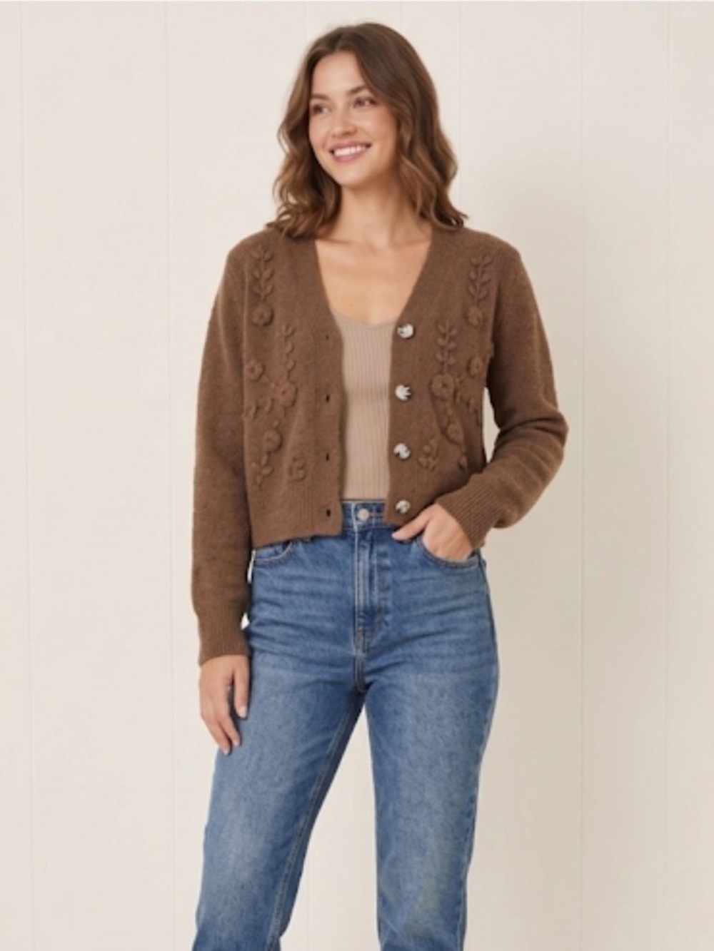 Jessica Simpson Brown Cardigan with Floral Accents